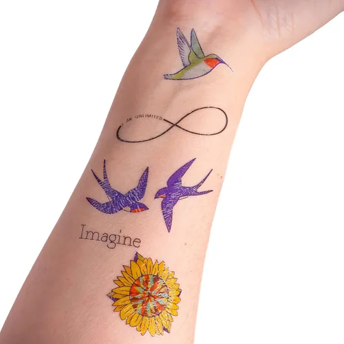 Vista 5 de Aquí y ahora afirmaciones ponibles - 26 tatuajes temporales, diseños artísticos de tatuajes falsos, letras pequeñas, ilustraciones florales
