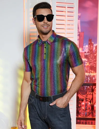 Vista 4 de TURETRENDY Camisa de discoteca de los años 70 para hombre, con lentejuelas brillantes, manga corta, para fiesta, polo hipster, discoteca, baile