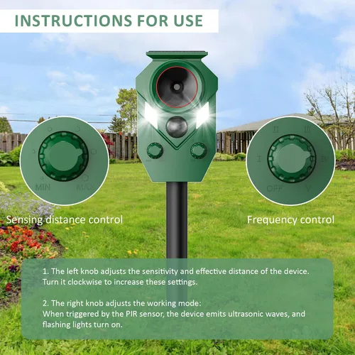 Vista 4 de Paquete de 2 repelentes ultrasónicos de animales con energía solar, ardilla de ciervo impermeable para exteriores con sensor de luz estroboscópica
