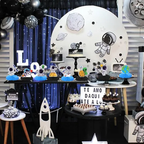 Vista 3 de 8 piezas de centro de mesa de nido de abeja del espacio exterior, cohete, planeta, viaje a la luna, astronauta espacial, centros de mesa