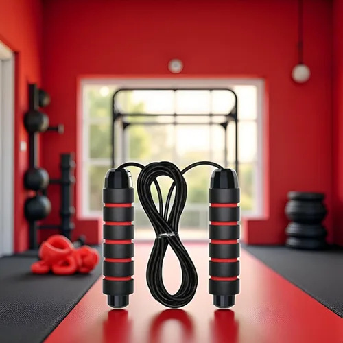Vista 3 de Cuerda de saltar roja ajustable para entrenamiento, cuerda de saltar de fitness de 9.8 pies para hombres, mujeres y niños, cuerda de salto