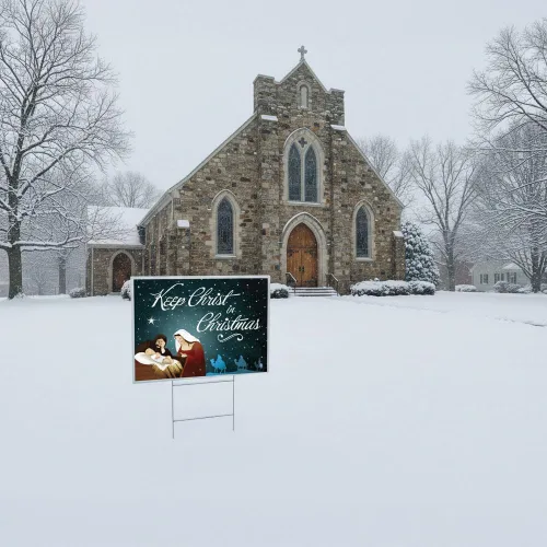 Vista 3 de Letrero de Navidad con texto en inglés "Keep Christ in Christmas" para exteriores, de doble cara, con soporte de metal, para iglesia, hogar