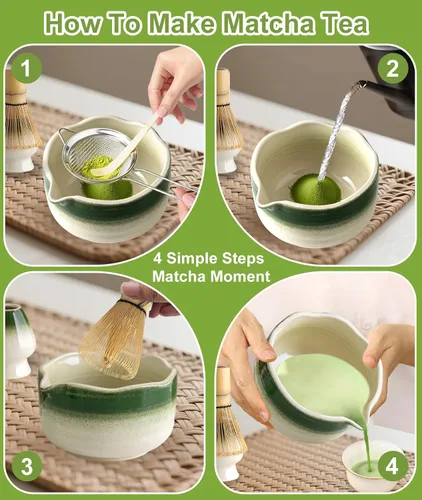 Vista 6 de JBER Juego de matcha, 7 piezas de batidor de cerámica Matcha para ceremonia Gradiente Verde