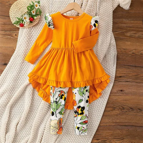 Vista 2 de TBUIALL Ropa para niñas pequeñas, conjunto de pantalones de flores para bebé, manga larga, con volantes, vestido floral para niña pequeña
