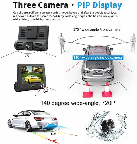 Vista 5 de Cámara de salpicadero, cámara de tablero frontal y trasera, cámara de tablero de 4 pulgadas para automóviles, 1080P, gran angular de 170°, visión
