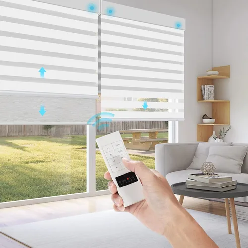 Vista 8 de ACMEART Persianas dobles motorizadas con control remoto, juego de persianas de día y noche con filtro de luz de cebra y persiana enrollable opaca