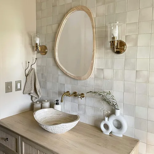 Vista 8 de Espejo bohemio con marco de madera irregular, gran acento montado en la pared, asimétrico, decoración de pared estética moderna para dormitorio
