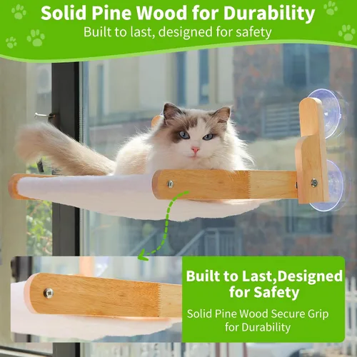 Vista 2 de Percha de Ventana para Gatos con Marco de Madera – Cama Hamaca Plegable para Gatos Aloxina para Gatos de Interior, Cubierta de Piel de Conejo Suave