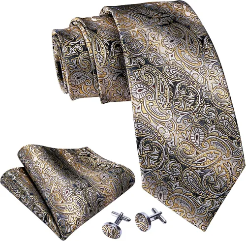 Vista 3 de Barry.Wang Conjunto de corbata de seda para hombre, diseño abstracto, corbata, bolsillo, cuadrado, gemelos, boda, fiesta, formal