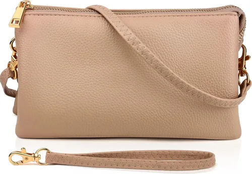 Vista 13 de Humble Chic bolsa pequeña de piel vegana, para usar cruzada o cartera con ajuste de pulsera, incluye hombro ajustable y correa para muñeca. Oro