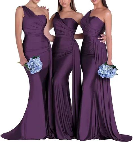 Vista 6 de One Shoulder Mermaid Bridesmaid Dresses Long Prom Dresses Satin Formal Evening Gowns with Train