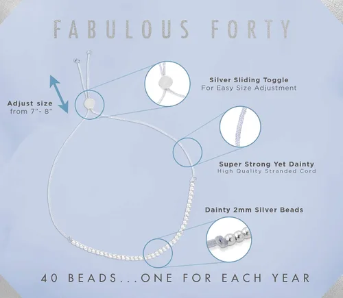 Vista 3 de Lucky Feather Regalos de cumpleaños número 40 para mujer, pulsera de cuentas sumergidas de oro de 14 quilates en cordón ajustable de 7 a 8 pulgadas