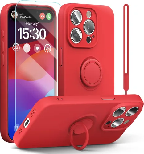 Vista 8 de pcgaga Funda de silicona para iPhone 15 Pro Max con protector de pantalla [soporte de anillo] [correa de muñeca] [forro de microfibra] funda Negro