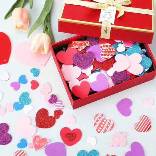 Vista 4 de JULBEAR 300 calcomanías de espuma de corazón para el día de San Valentín, con brillantina, autoadhesivas, coloridas calcomanías de espuma mixta
