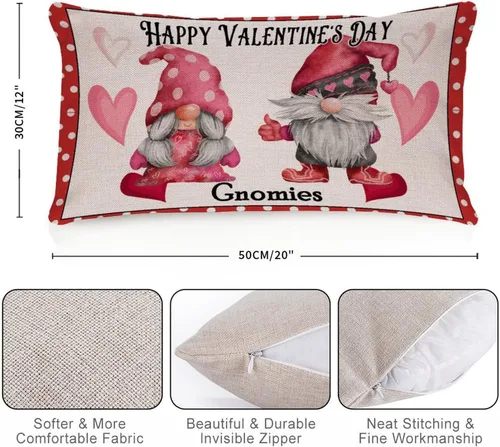 Vista 2 de Feliz día de San Valentín, lindos gnomos con almohadas lumbares de corazón, fundas de almohada decorativas de 12 x 20 pulgadas, funda de cojín