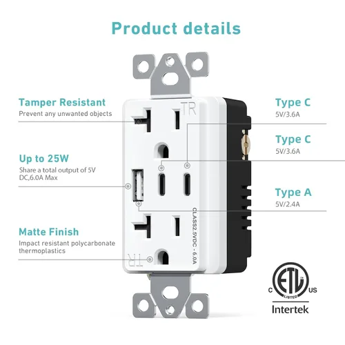 Vista 3 de WEBANG Toma de corriente USB, 6.0 amperios 3 puertos USB cargador de pared, receptáculo dúplex de 20 A resistente a manipulaciones con 2 puertos USB