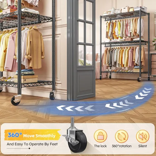 Vista 5 de Raybee Perchero de ropa de 45 pulgadas de ancho para colgar ropa, perchero con ruedas y pies ajustables, carga máxima de 440 libras, color negro