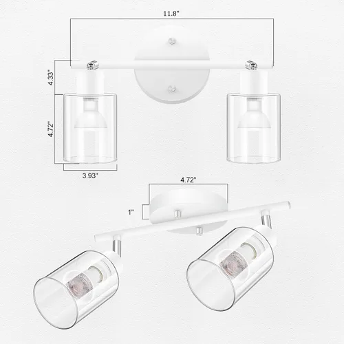 Vista 6 de BoostArea Lámparas de baño de 2 luces, modernas luces blancas de pared con pantalla de vidrio transparente, luz de techo flexible para espejo