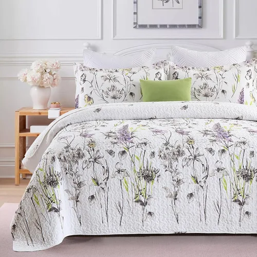 Vista 12 de KALOOLA - Juego de ropa de cama con colcha acolchada de retazos tamaño queen, 100% algodón, colcha ligera con 2 fundas de almohada, colcha