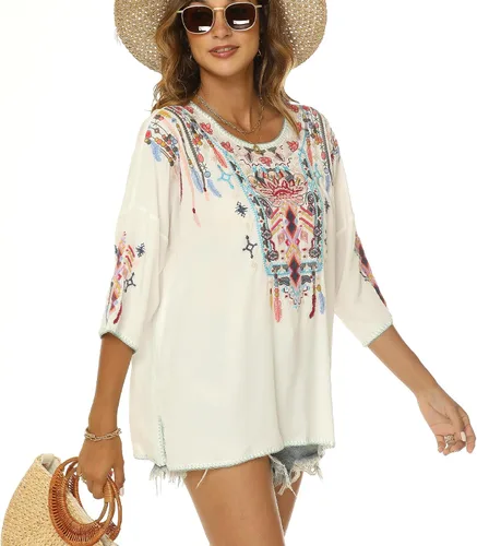 Vista 3 de Higustar Blusas bordadas mexicanas para mujer, estilo bohemio, estilo bohemio, tallas grandes, ropa campesina, blusas