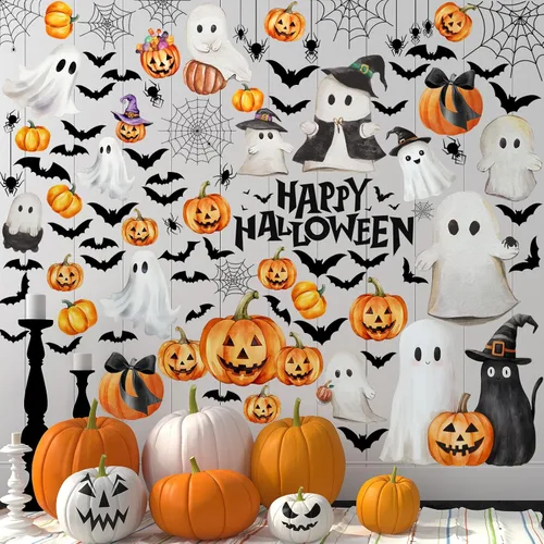 Vista 13 de Haull 6 hojas de calcomanías de pared de Halloween, calcomanías de pared reutilizables para ventana de Halloween, acuarela, bruja, murciélagos