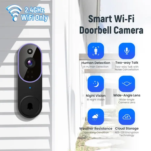 Vista 2 de Cámara de timbre de video inalámbrica de 1080p, detección inteligente de humanos con IA, alimentada por baterías, conversación de dos vías, vista