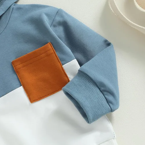 Vista 4 de Ropa de otoño e invierno para bebé niño, con capucha, de manga larga, a rayas, pantalones elásticos para recién nacidos azul (Patchwork Blue)