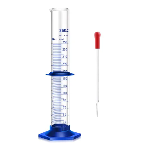 Vista 11 de Cilindro graduado de vidrio grueso para medir líquidos, cilindros de laboratorio con base de plástico antideslizante y protectores de parachoques