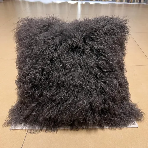 Vista 10 de Funda de cojín/funda de almohada de piel de cordero mongol 100% real (20 x 20 pulgadas, negro)