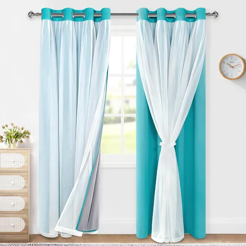 Vista 11 de XWZO Cortinas 100% opacas de doble capa para guardería, cortinas opacas con superposición transparente para dormitorio de niñas, cortinas