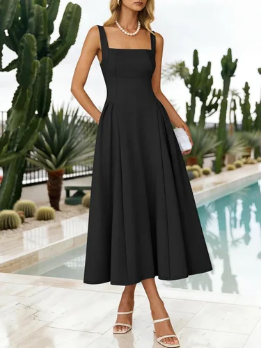 Vista 7 de ANRABESS Vestido de verano para mujer, para invitada de boda, cuello cuadrado, acampanado, sin mangas, fluido, elegante, formal, cóctel, fiesta