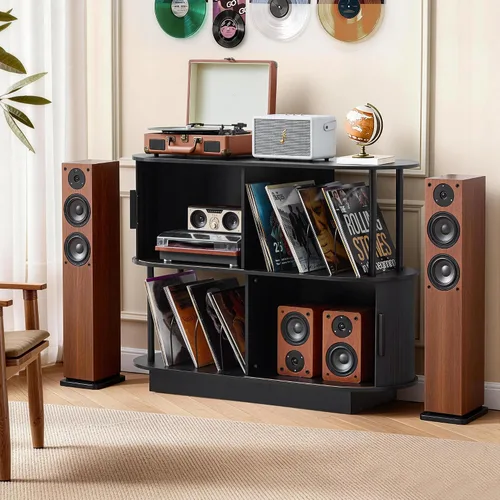 Vista 8 de Soporte moderno para tocadiscos con almacenamiento de vinilo, soporte de almacenamiento para tocadiscos negro de 40 pulgadas con puerta corredera