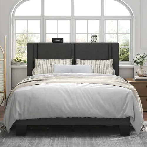Vista 9 de Feonase Base de cama individual con plataforma doble, marco de cama individual tapizado en terciopelo, listones de madera maciza y soporte para pies