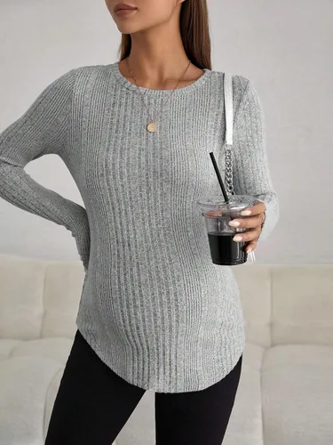 Vista 6 de MakeMeChic Camiseta asimétrica de punto de manga larga con cuello redondo para mujer