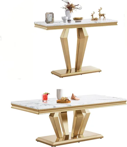 Vista 21 de SSLine Moderna mesa de centro de 1 pieza para sala de estar, mesa de centro de lujo de mármol sintético con patas de acero inoxidable en forma de S