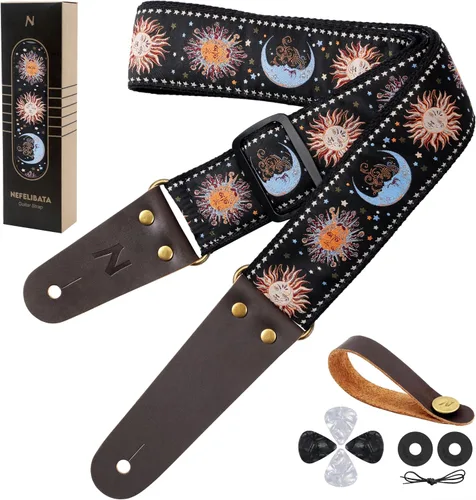 Vista 20 de Nefelibata Correa de guitarra, correas de guitarra de algodón bordadas con extremos de cuero de vaca para bajo, guitarras eléctricas y acústicas