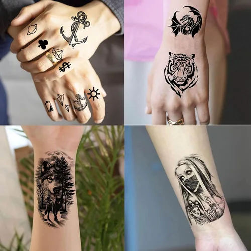 Vista 7 de 60 hojas de tatuajes temporales 3D de león y tigre geniales para hombres y mujeres, tatuajes falsos pequeños y aterradores de diablo, calavera