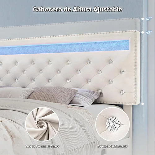 Vista 4 de Torana Marco de cama LED completo con cabecero y cajones ajustables, terciopelo crema Beige