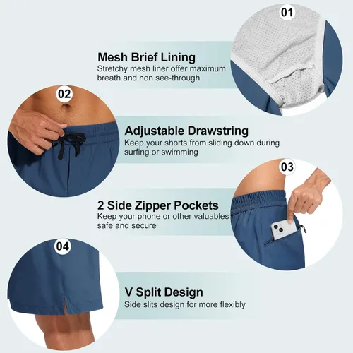 Vista 5 de Swim Trunks Men Quick Dry Board Shorts with Zipper Pockets Bathing Suit Beach Shorts for Men with Mesh Lining