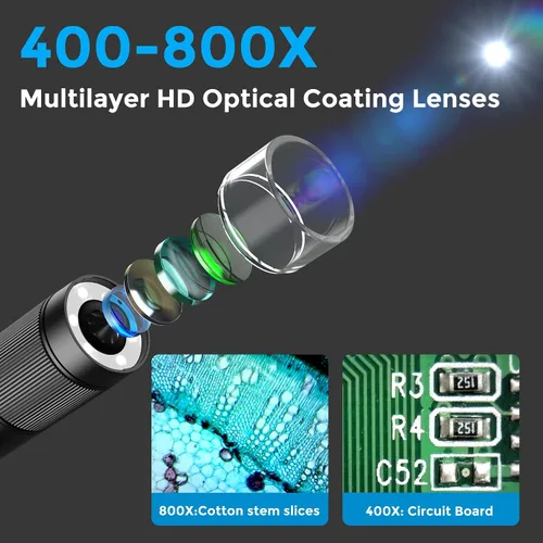 Vista 3 de APEXEL Microscopio digital de mano 800X con pantalla LCD de 2 pulgadas, microscopio portátil de bolsillo para niños con luces LED ajustables