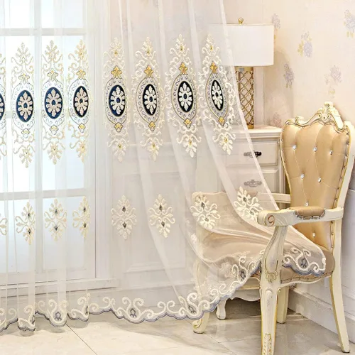 Vista 12 de ELKCA Cortinas bordadas de jacquard para dormitorio, cortinas beige de lujo para sala de estar, ojales superiores, 2 paneles
