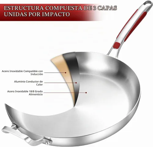 Vista 2 de Inqibee Sartén de acero inoxidable de 13 pulgadas, tricapa, con tapa y mango auxiliar, sartén, sartén de cocina de inducción, mango desmontable