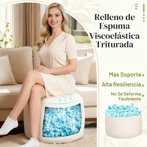 Vista 3 de Puf otomano redondo de pana para sala de estar, taburete relleno de espuma triturada de felpa suave, cómodo reposapiés