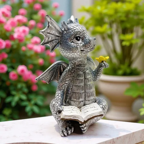 Vista 4 de Bonita estatua de libro de lectura de dragón, 5.9 pulgadas de alto con figuras de mariposa de dinosaurio, escultura de resina de arte, decoración