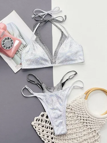 Vista 4 de YAUASOPA Bikini brillante para mujer, traje de baño de dos piezas con tanga