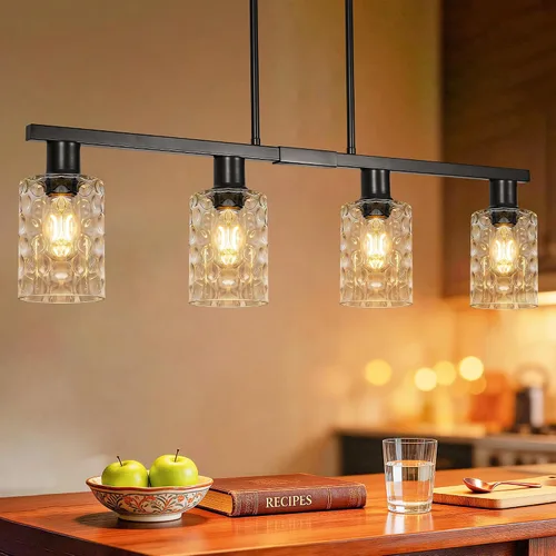 Vista 10 de Iluminación de isla de cocina de 4 luces, lámpara cromada para comedor, luz de isla para colgar sobre la mesa para candelabros lineales de granja