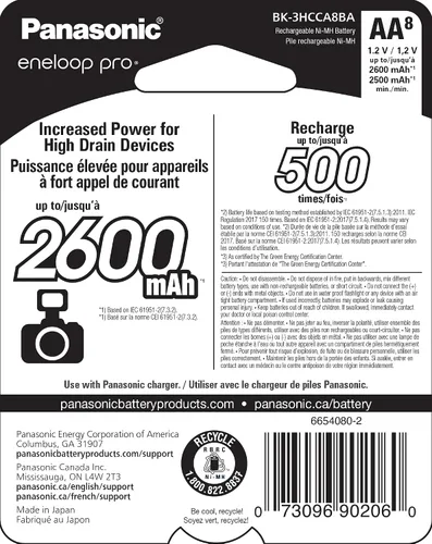 Vista 2 de Eneloop Panasonic BK-3HCCA8BA pro AA Baterías recargables precargadas Ni-MH de alta capacidad, paquete de 8