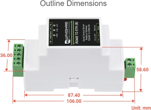 Vista 7 de waveshare RJ45 al módulo Ethernet RS485, transmisión transparente bidireccional, soporte de puerta de enlace Modbus, modos de comunicación multi