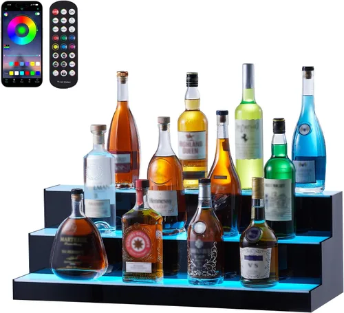 Vista 16 de VEVOR Pantalla de botella de licor con iluminación LED, 2 niveles de 30 pulgadas, compatible con USB, estante iluminado de bar para el hogar