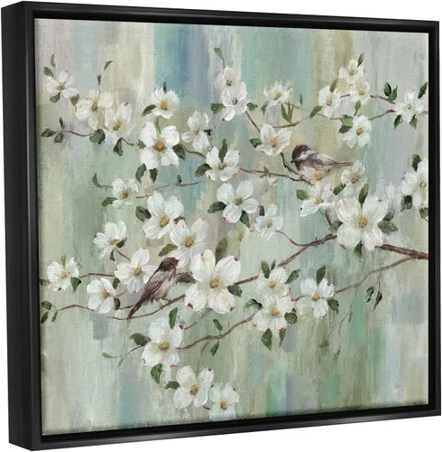Vista 2 de Stupell Industries Delicadas flores de cerezo encaramadas pájaros pintura clásica flotante enmarcado arte de pared, diseño de Nan